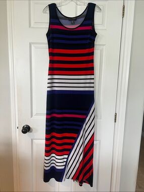 Frank Lyman Design Striped Sleeveless Maxi Dress in Navy, Red, White, Purple